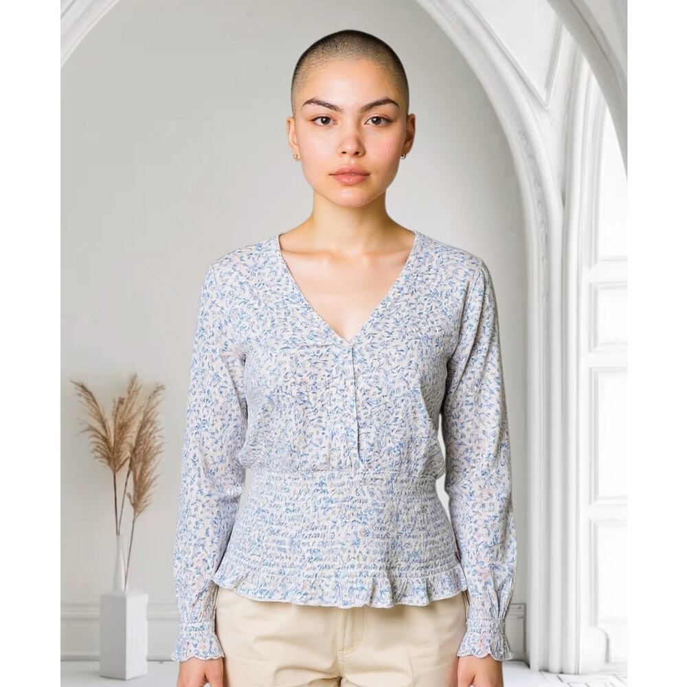 Anthropologie  Paper  Crane Womens Long Sleeve Blue / White Flowered  Top Size L